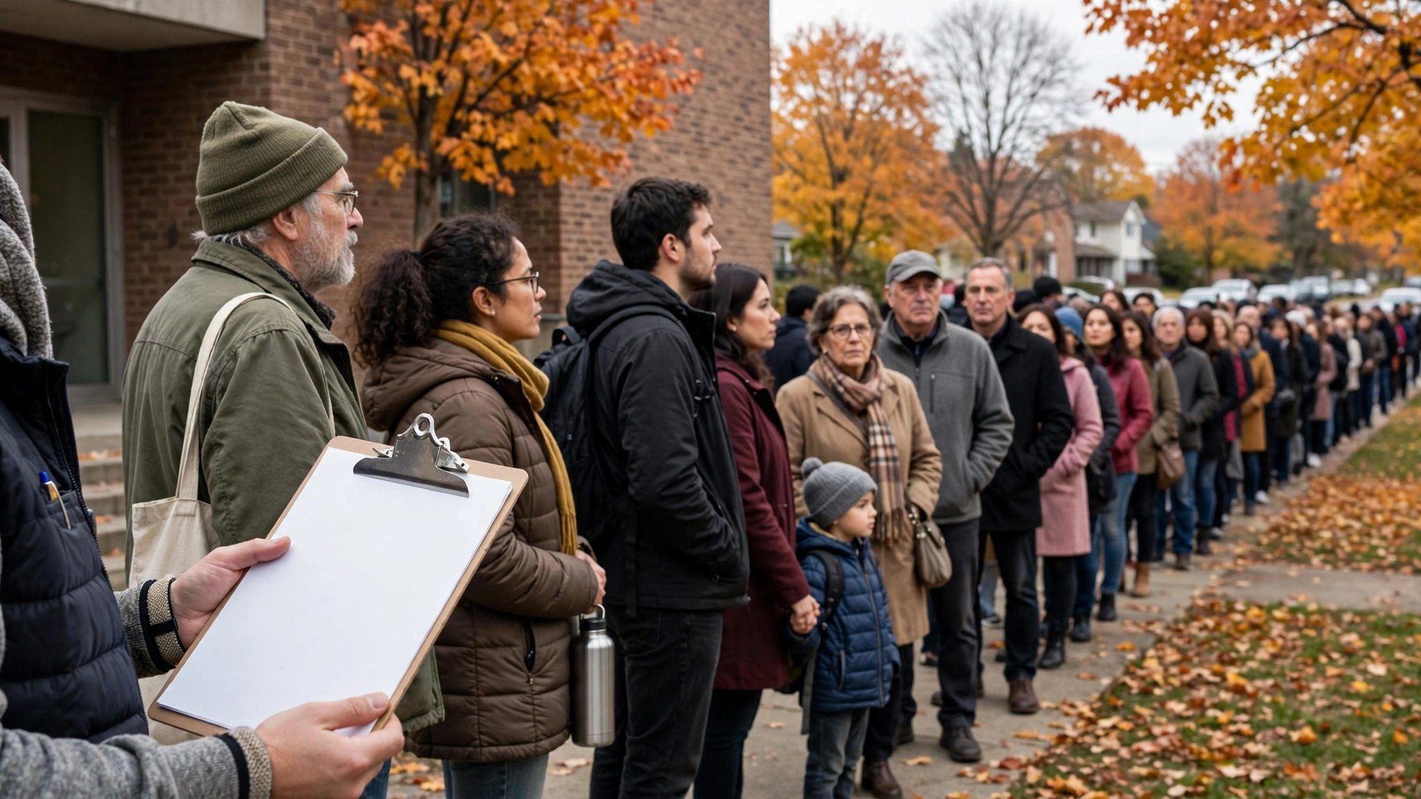 A long line of voters waiting outside a polling place on an autumn day, with a volunteer holding a blank clipboard.