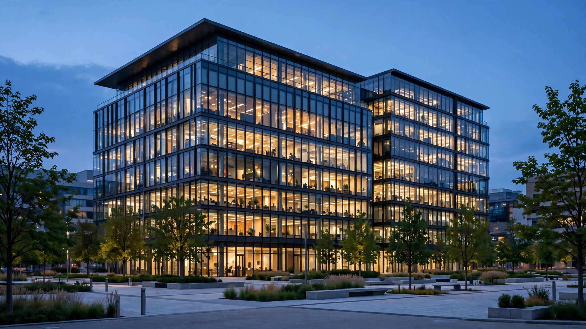 A modern glass office building with lit windows at dusk, with trees and a plaza in front