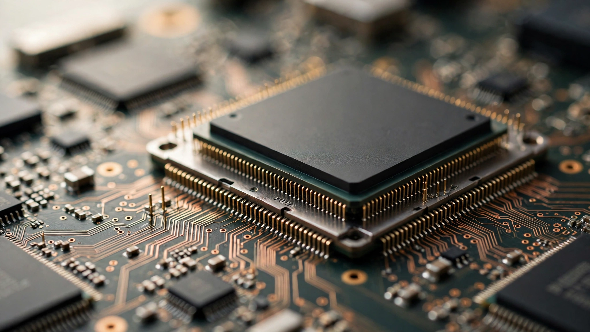 A black computer processor chip with gold pins mounted on a circuit board