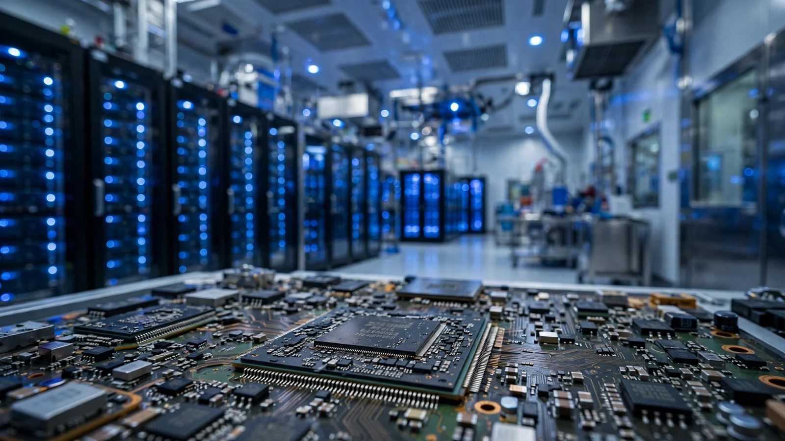 A close-up of a computer processor chip on a green circuit board, with rows of blue-lit server racks blurred in the background of a data center