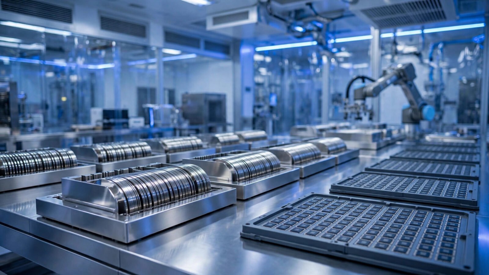 Rows of silicon wafers and packaged microchips on workstations in a semiconductor manufacturing clean room