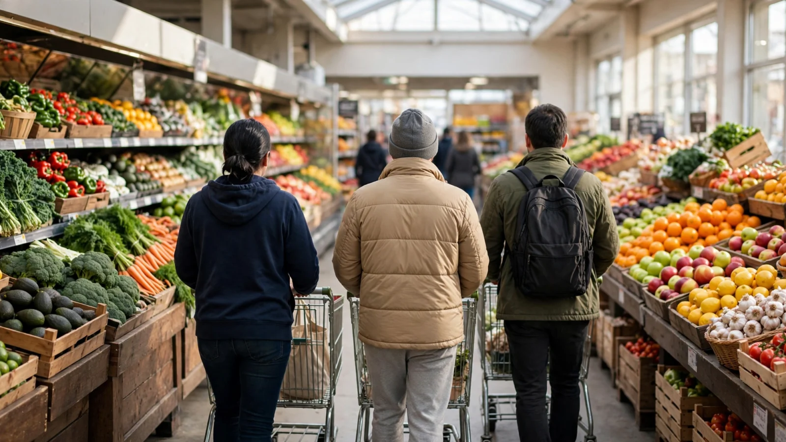 Shoppers with carts walk past produce displays in a bright supermarket aisle