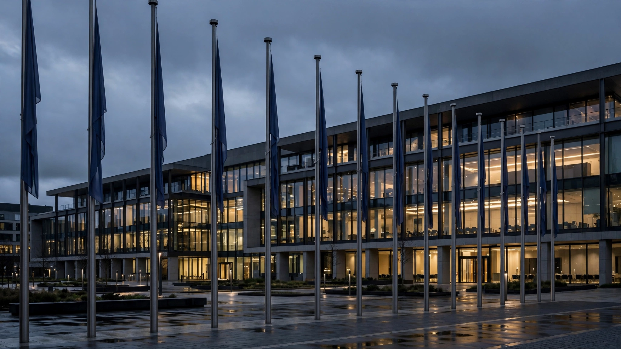 Modern government conference building at dusk with a row of flagpoles in front