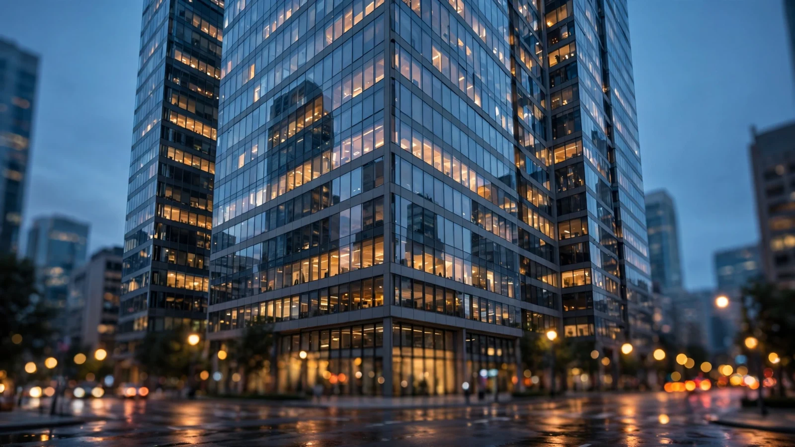 Glass office tower at dusk with warm lights in the windows and city lights reflected below