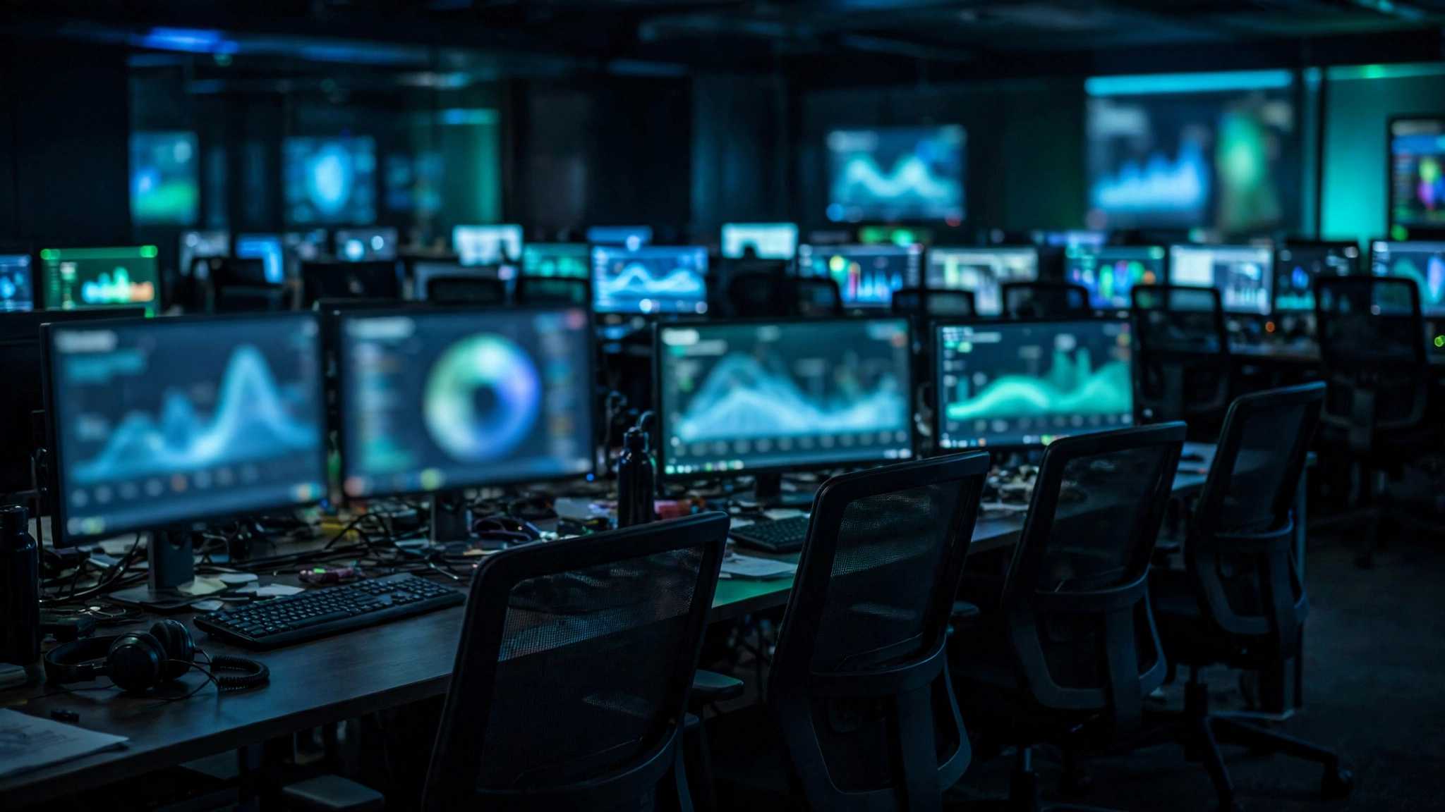 Dark security operations room with rows of monitors showing blurred dashboards and graphs