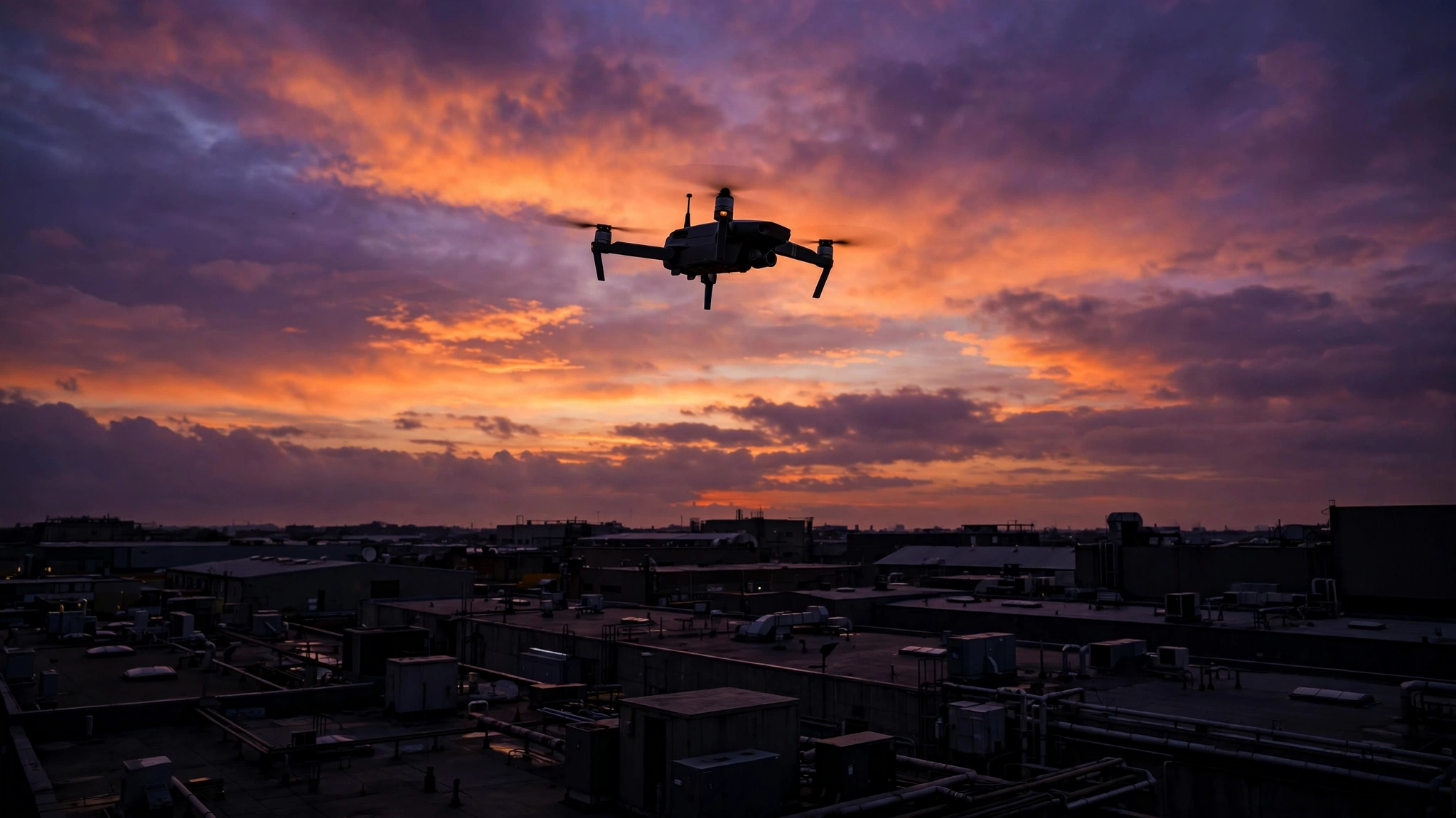 Silhouette of a drone flying over industrial rooftops against a colorful dusk sky