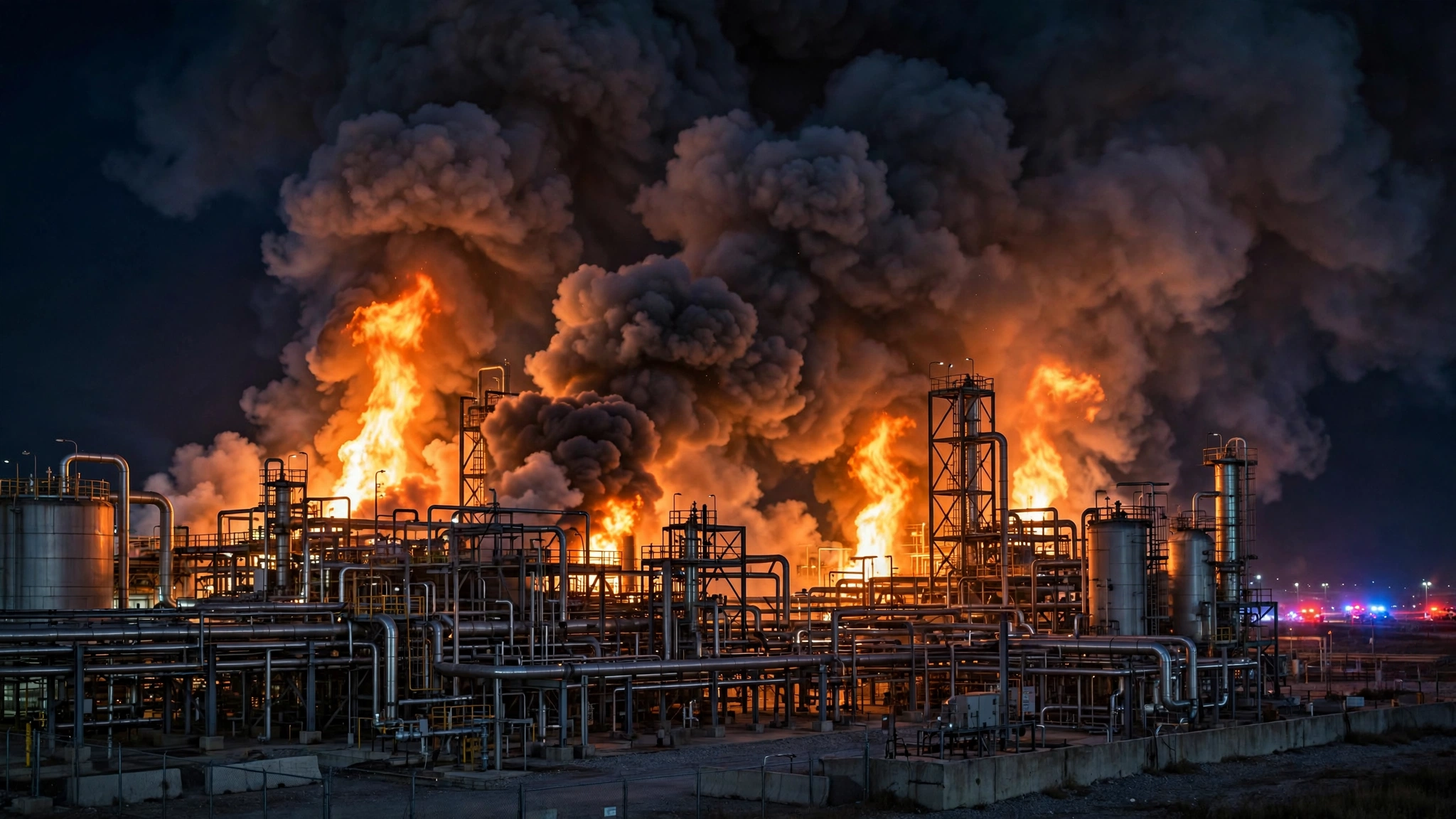 Large flames and thick black smoke rising from an industrial facility at night