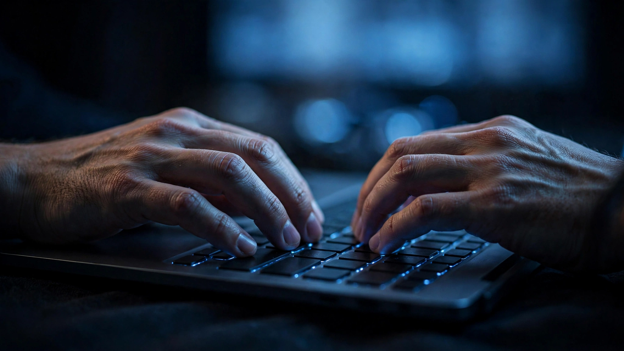 Hands typing on a backlit laptop keyboard in a dark room with a blue glow