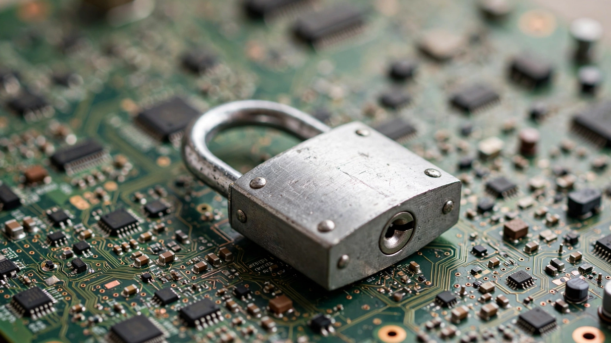 Metal padlock resting on a green computer circuit board with chips and copper traces