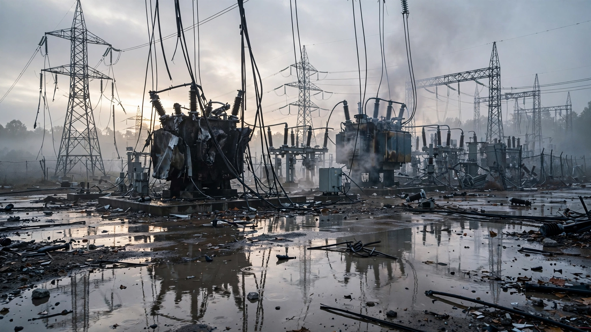 Damaged electrical transformers and high-voltage pylons with downed cables on wet ground at dawn