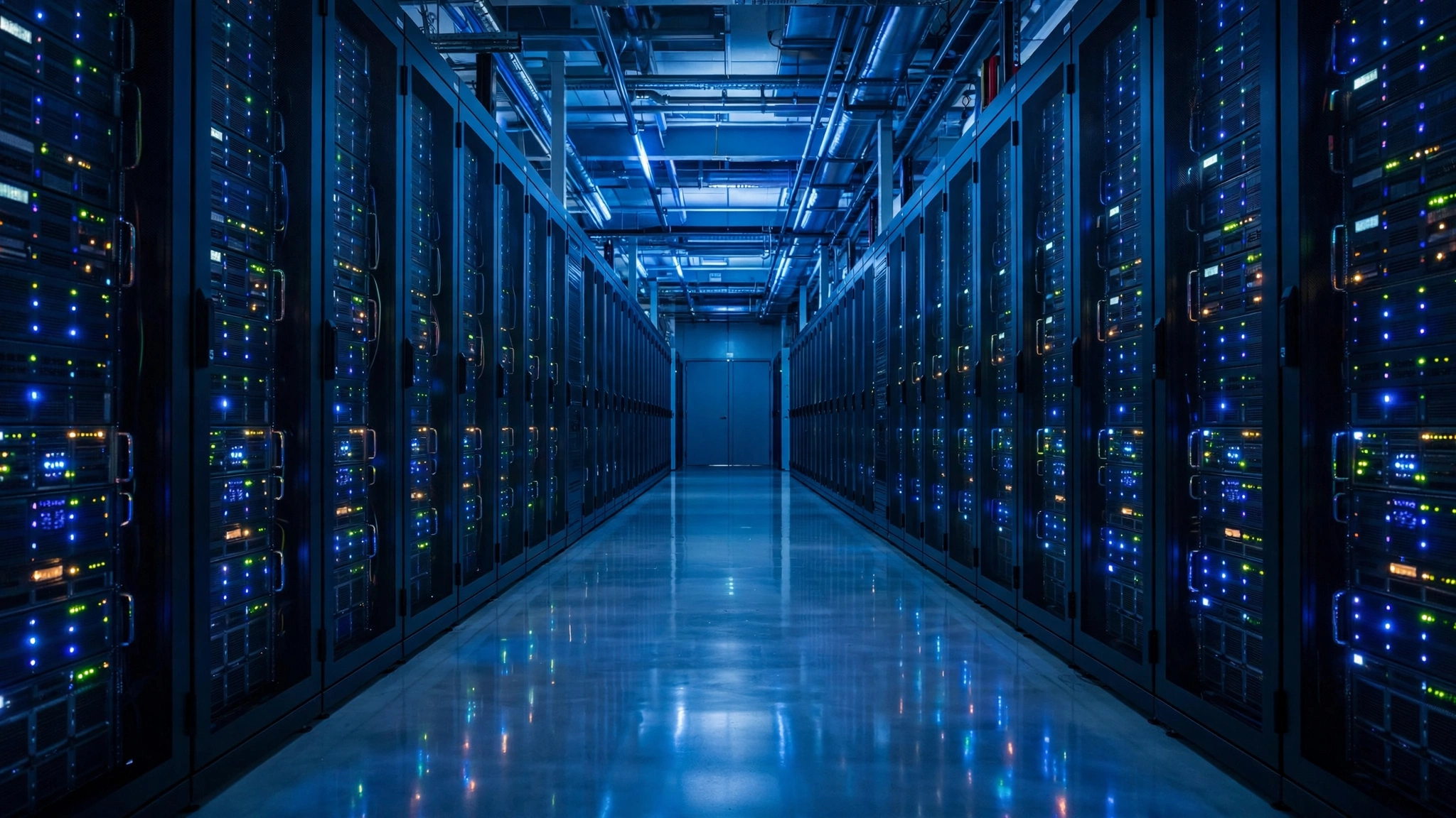 Long data center corridor lined with server racks and blinking indicator lights