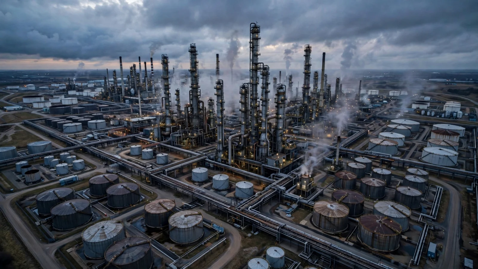 Aerial view of an oil refinery at dusk with storage tanks, distillation towers and thin smoke columns rising