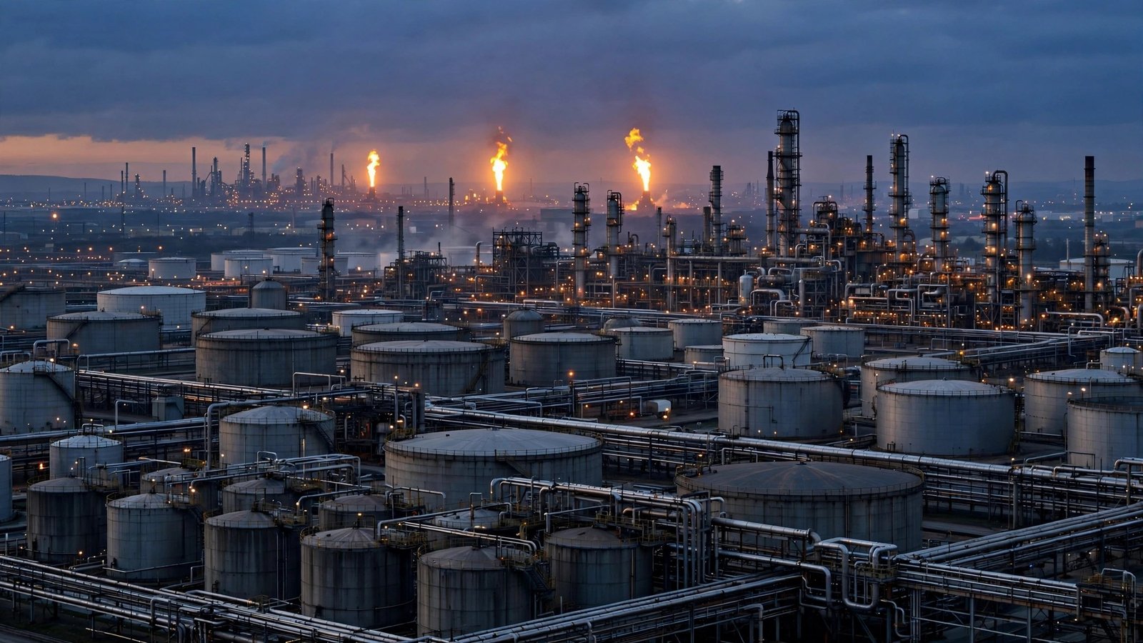 Oil refinery with storage tanks and flare stacks burning at dusk