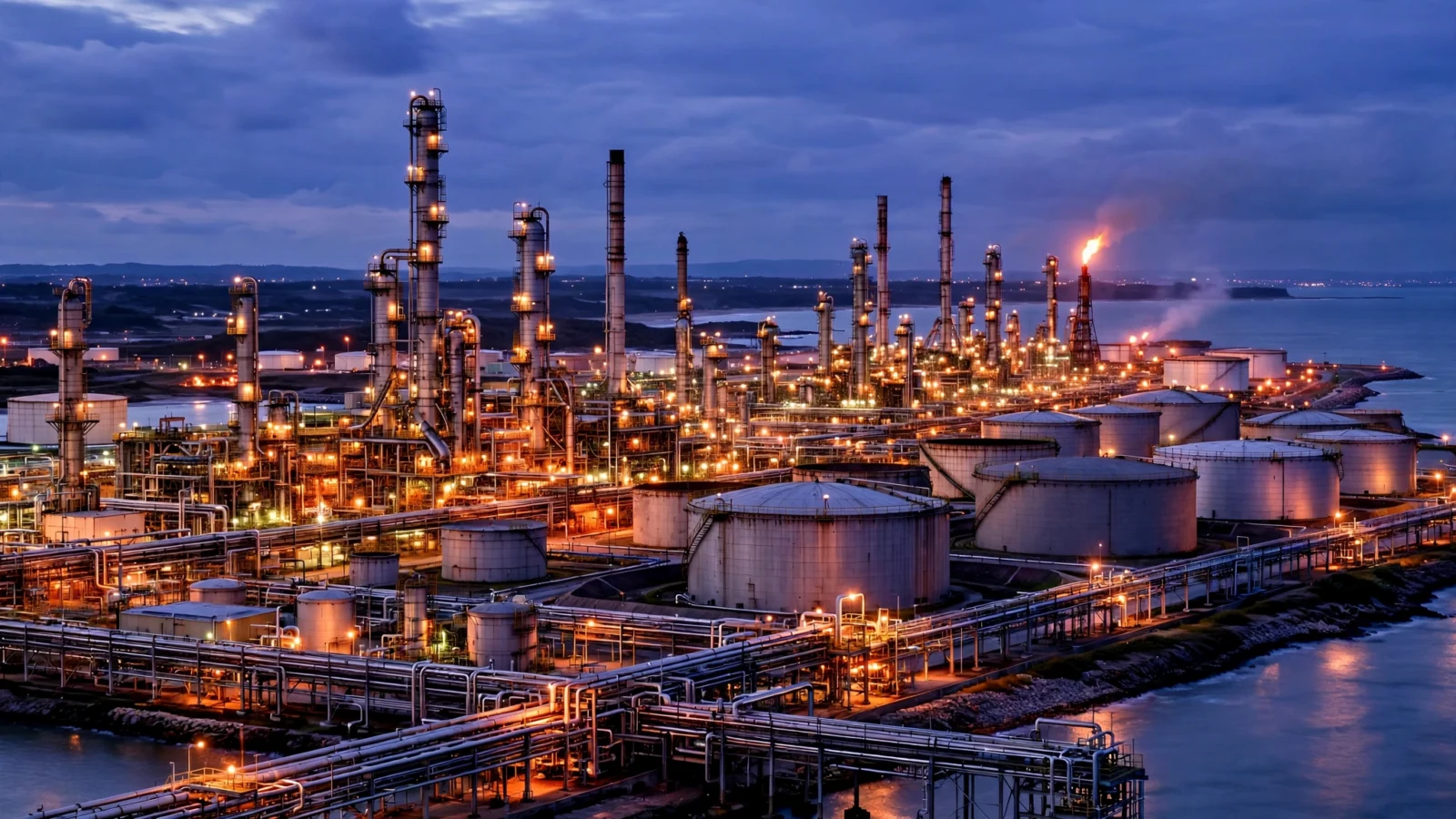 A coastal oil refinery lit up at dusk, with distillation towers, pipelines and round storage tanks beside the water.