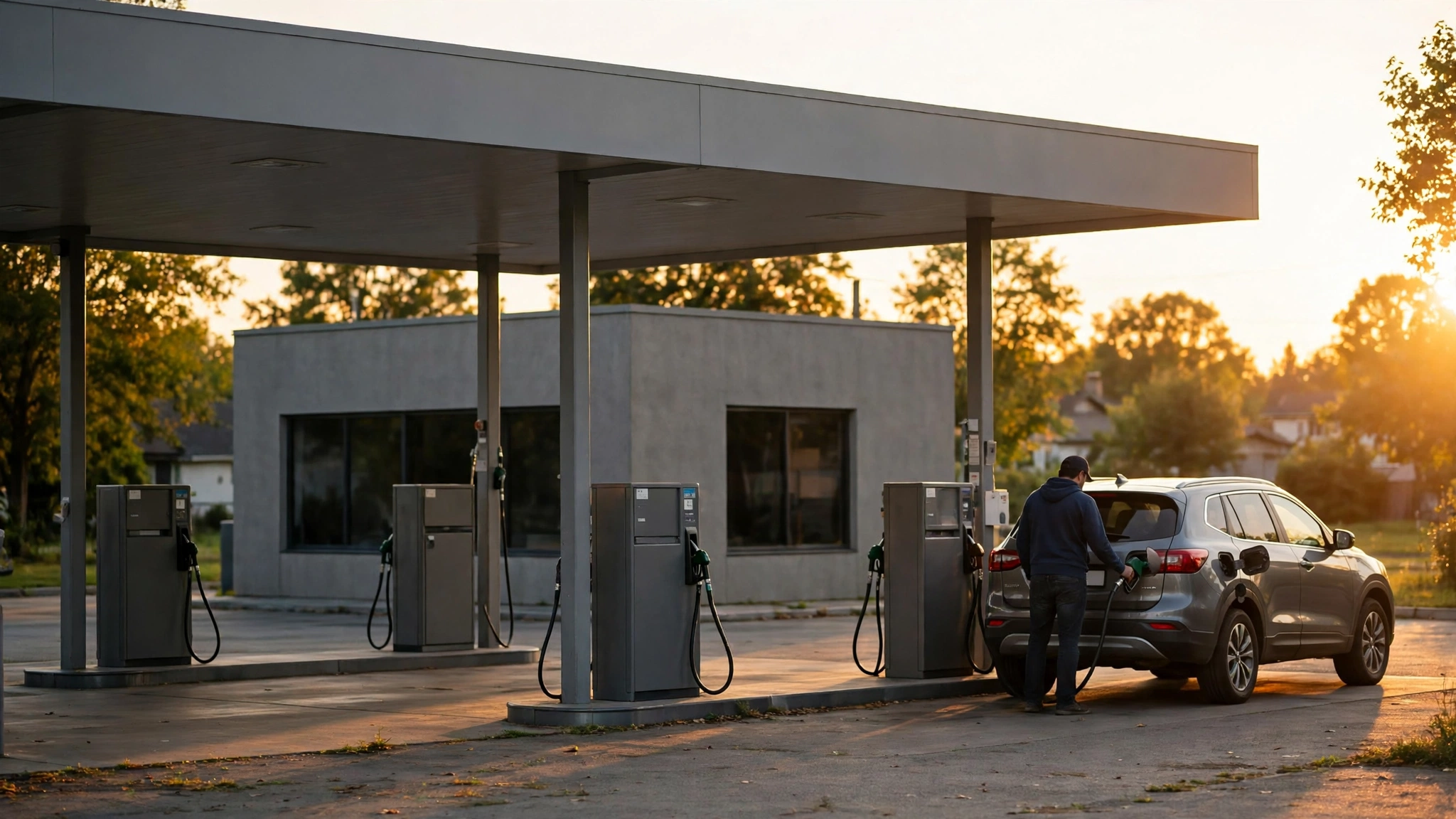 A driver refueling a gray SUV at an unbranded gas station at sunset