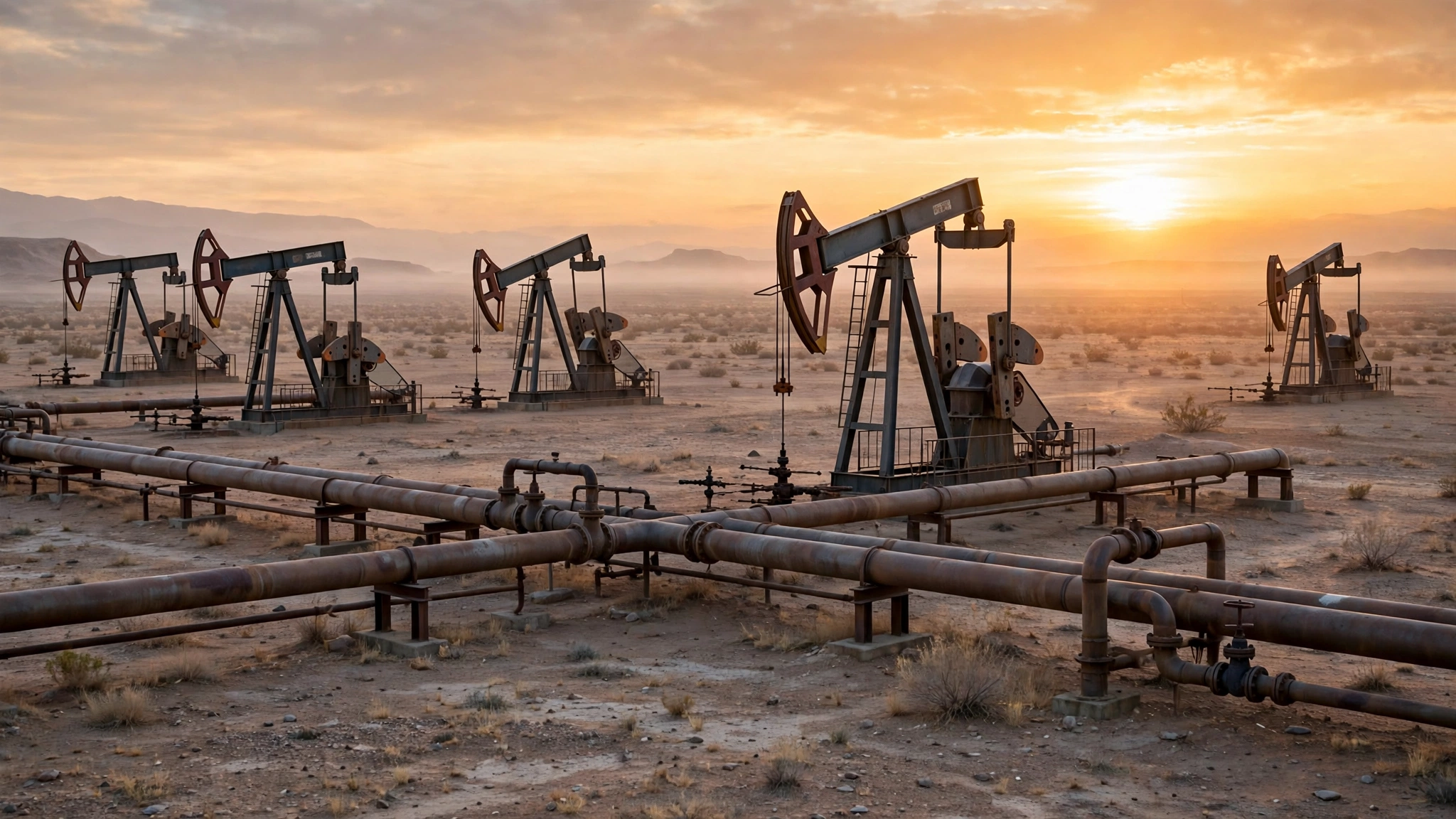 Oil pumpjacks and pipelines in a dry, flat area at sunrise.