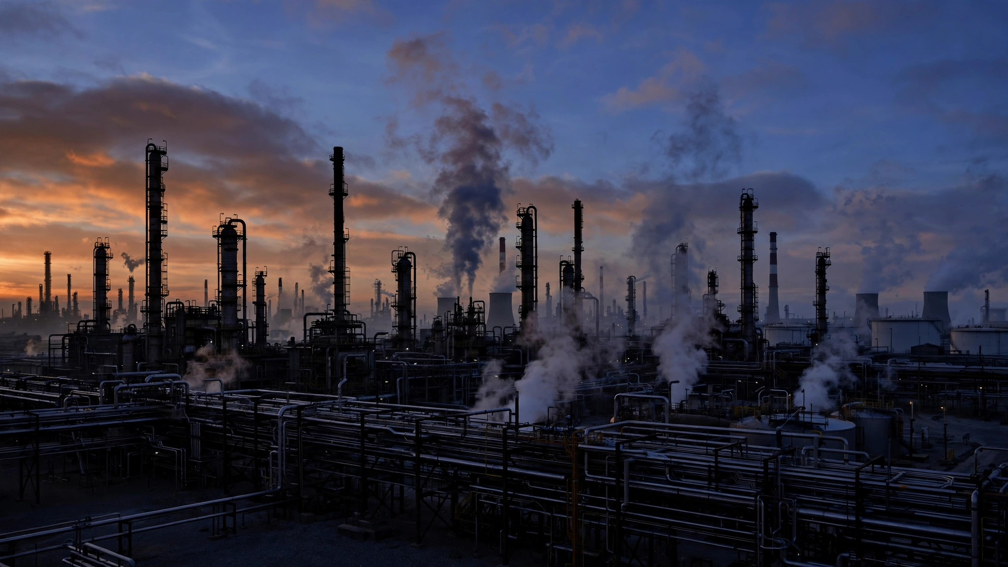 An oil refinery with towers and pipes silhouetted at dusk with steam rising