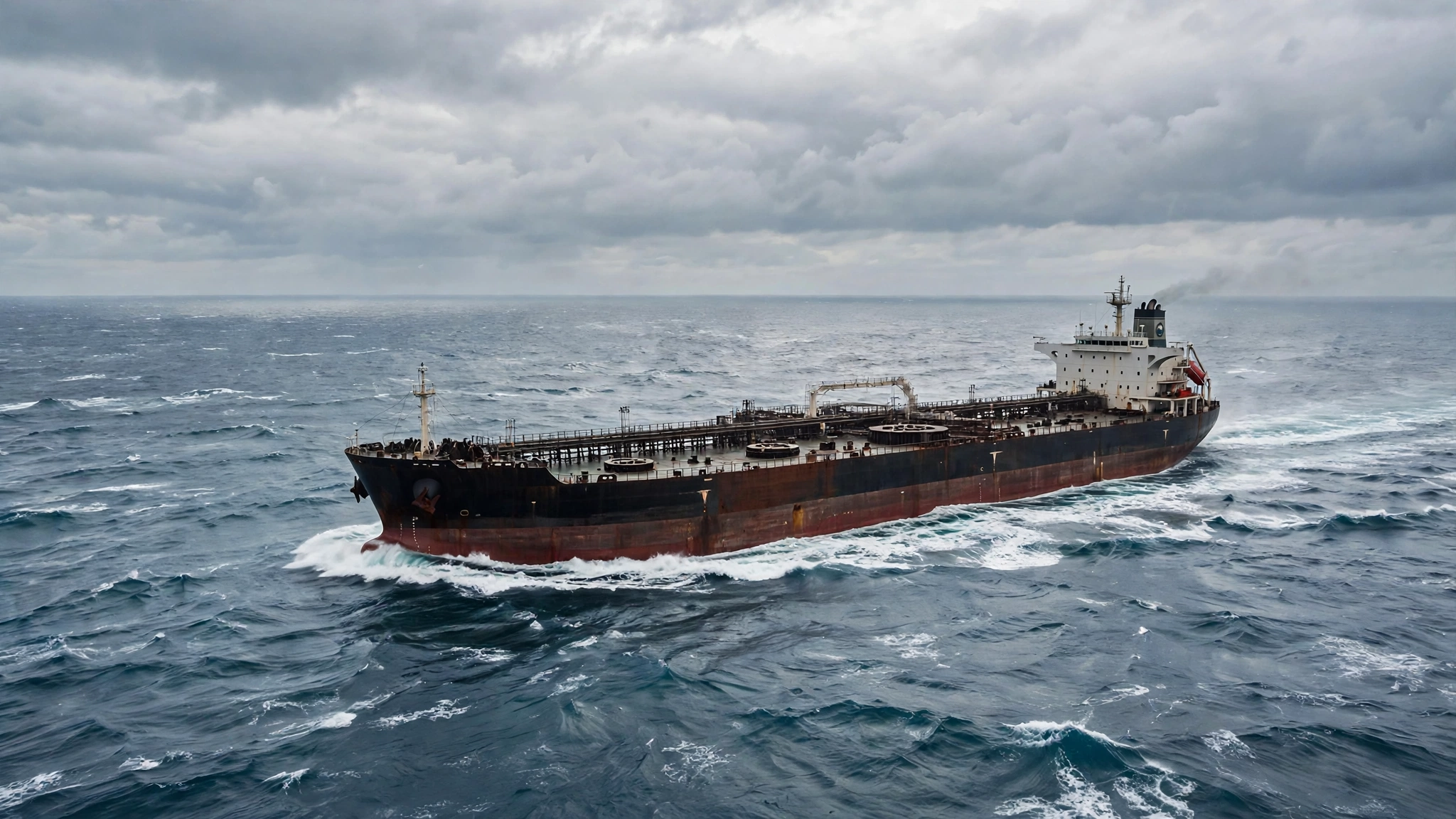 A large crude oil tanker sailing on open sea under a cloudy sky.