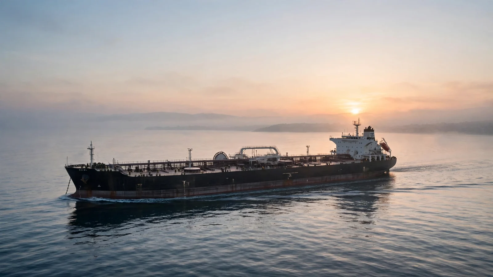 A large oil tanker sailing on calm open water at sunrise