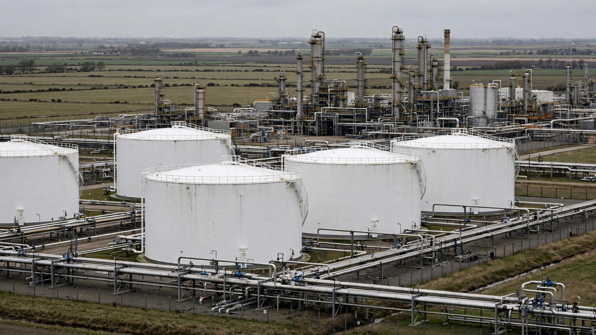 White cylindrical oil storage tanks and pipelines at a refinery site beside open fields