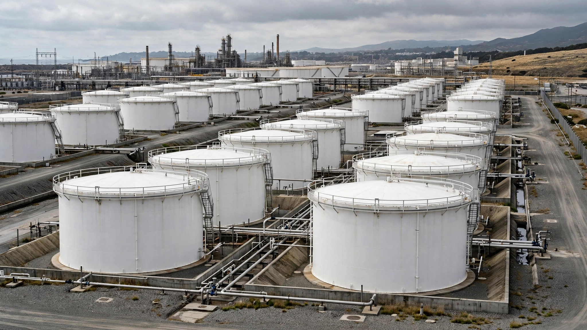 Rows of large white crude oil storage tanks at an industrial terminal.