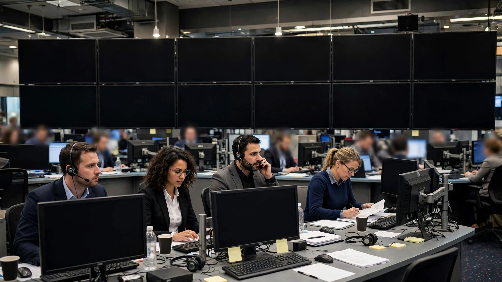 Traders working at desks with monitors on a stock market trading floor