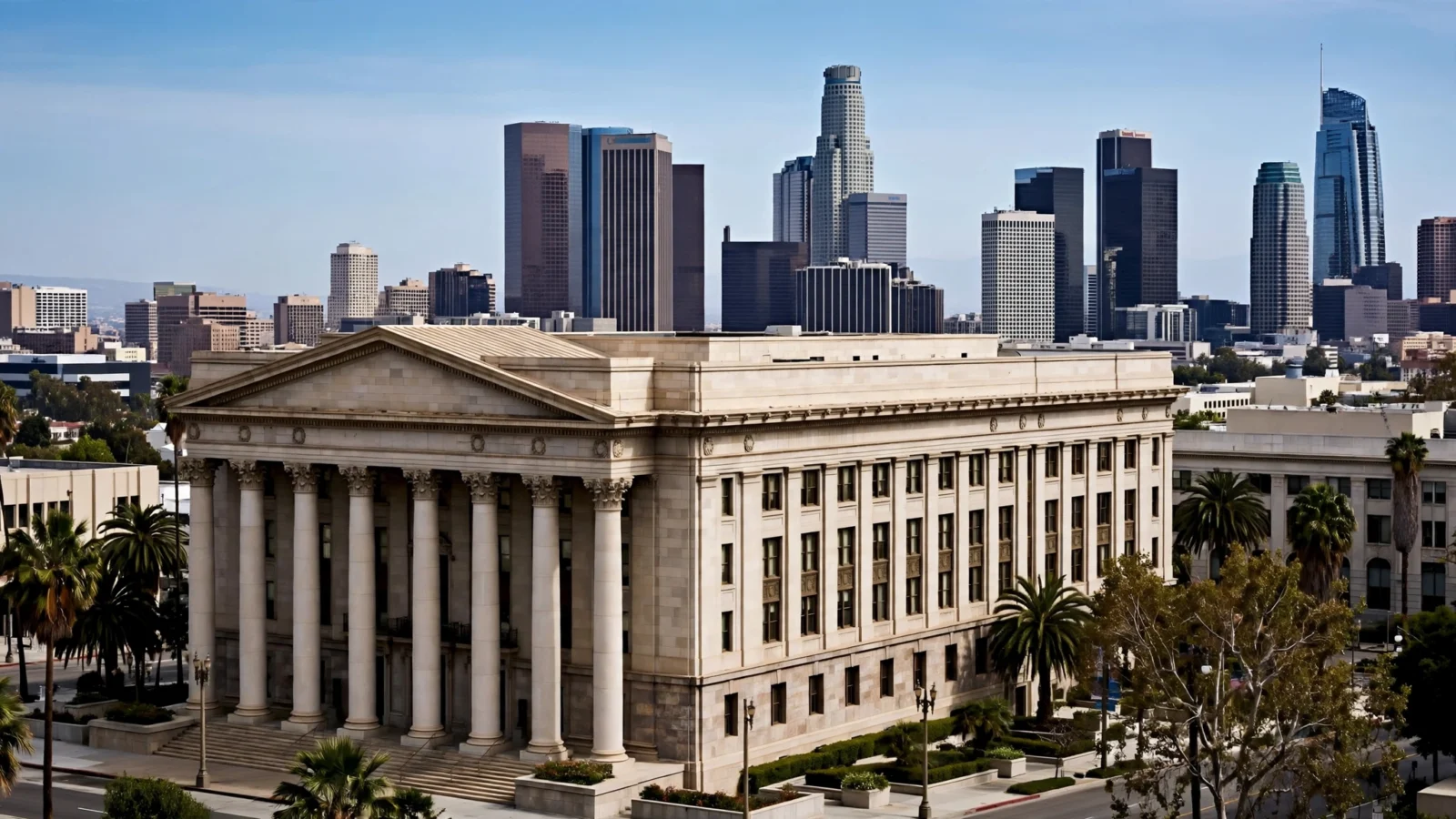 Los Angeles courthouse building with classical columns, downtown skyline behind.