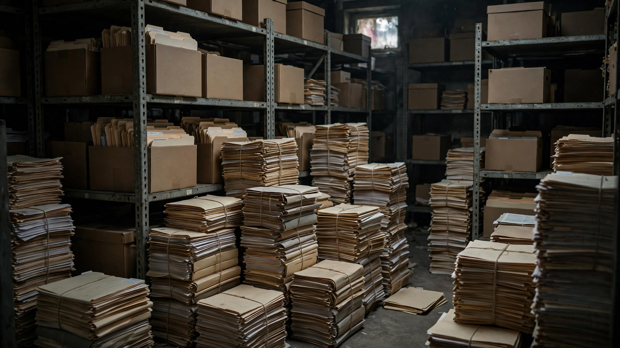 Stacks of legal case files and document boxes on shelves in an archive room.