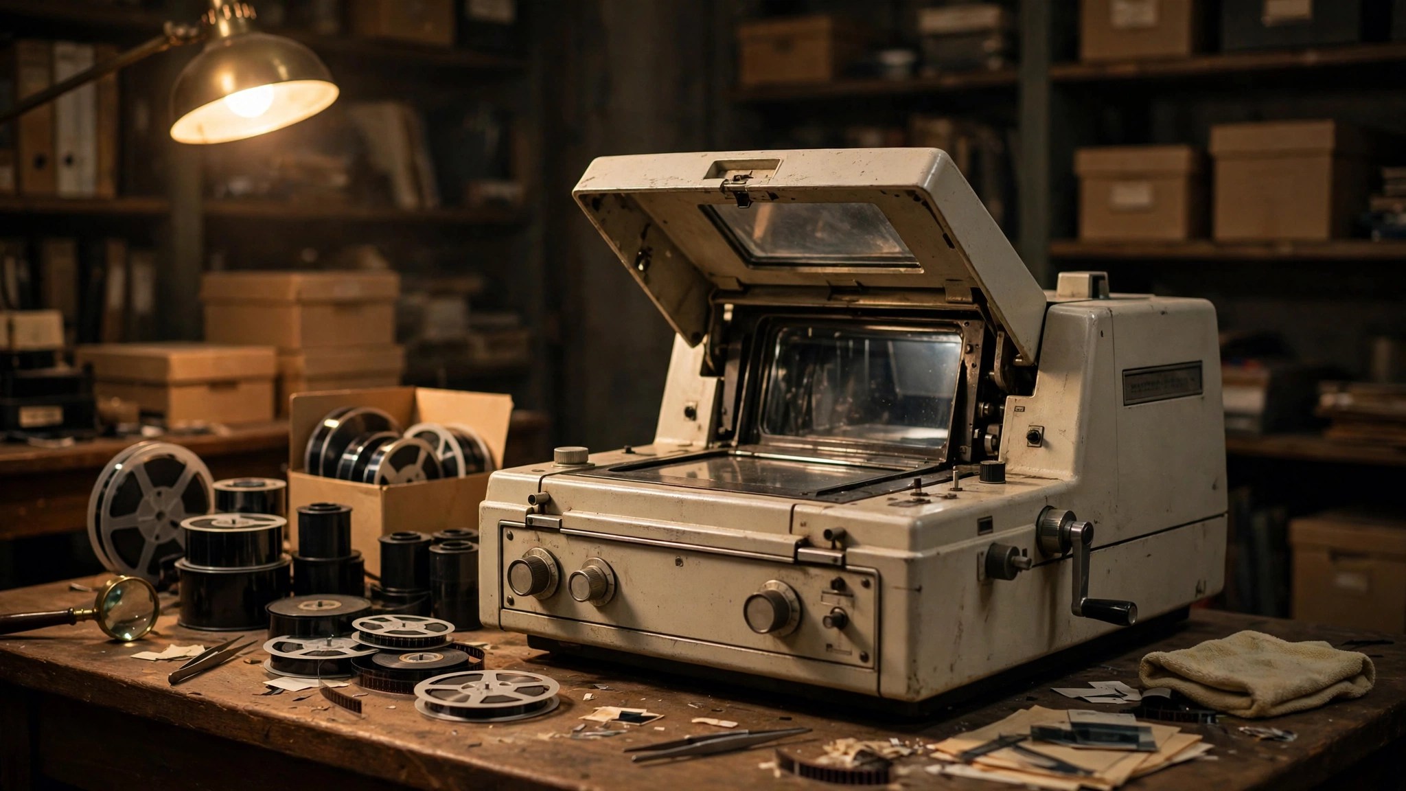 A vintage microfilm reader with film reels on a desk in an archive room.