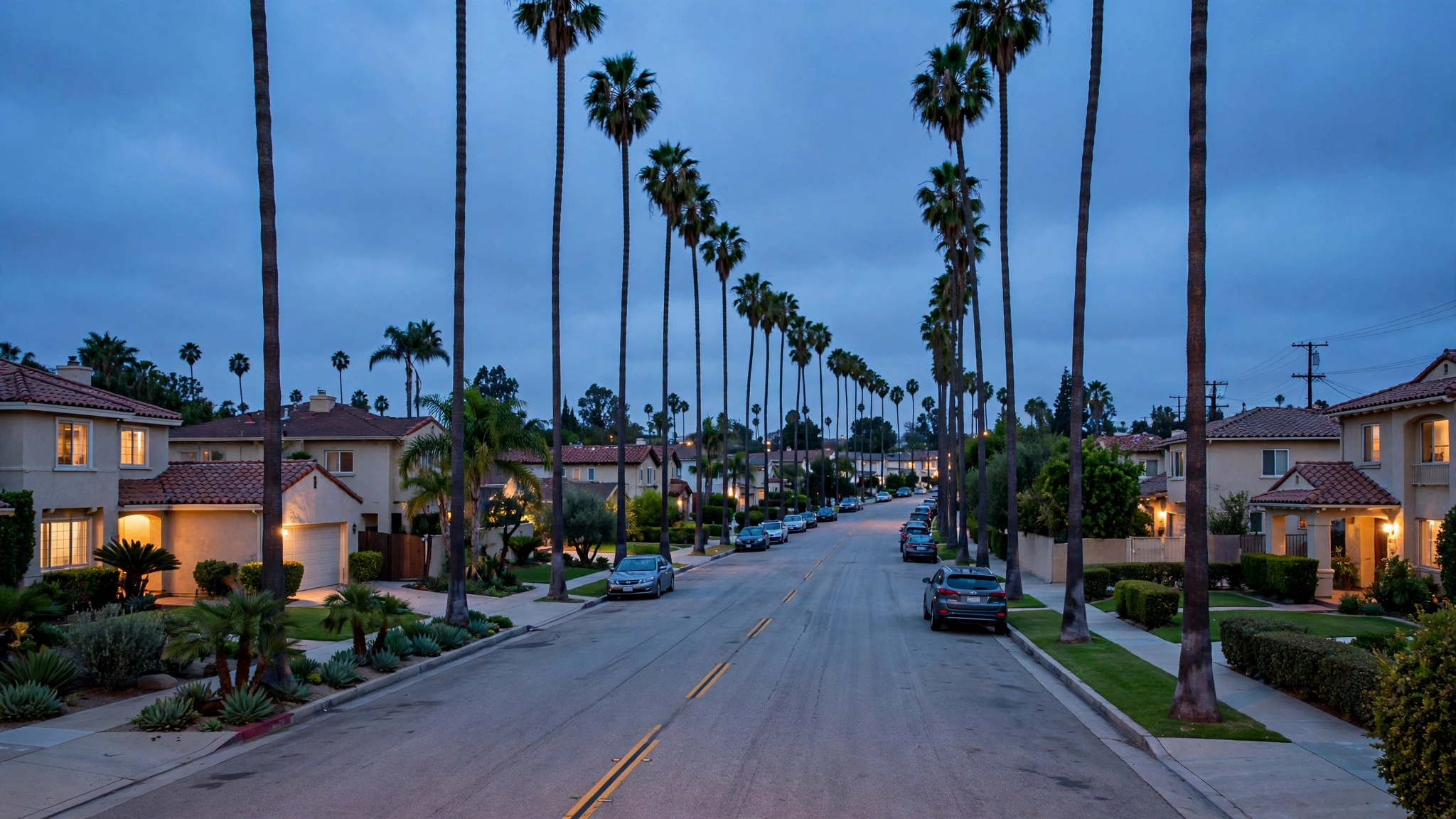 Palm-lined residential street in Los Angeles at dusk with lit windows.