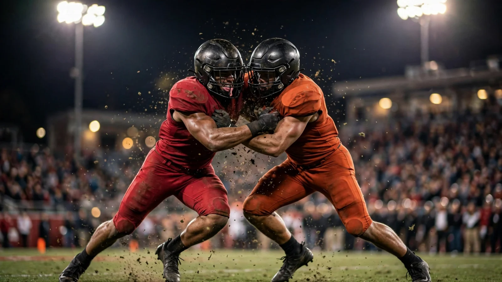 Two anonymous college football players colliding under floodlights at night, one in a crimson red jersey and one in a burnt-orange jersey