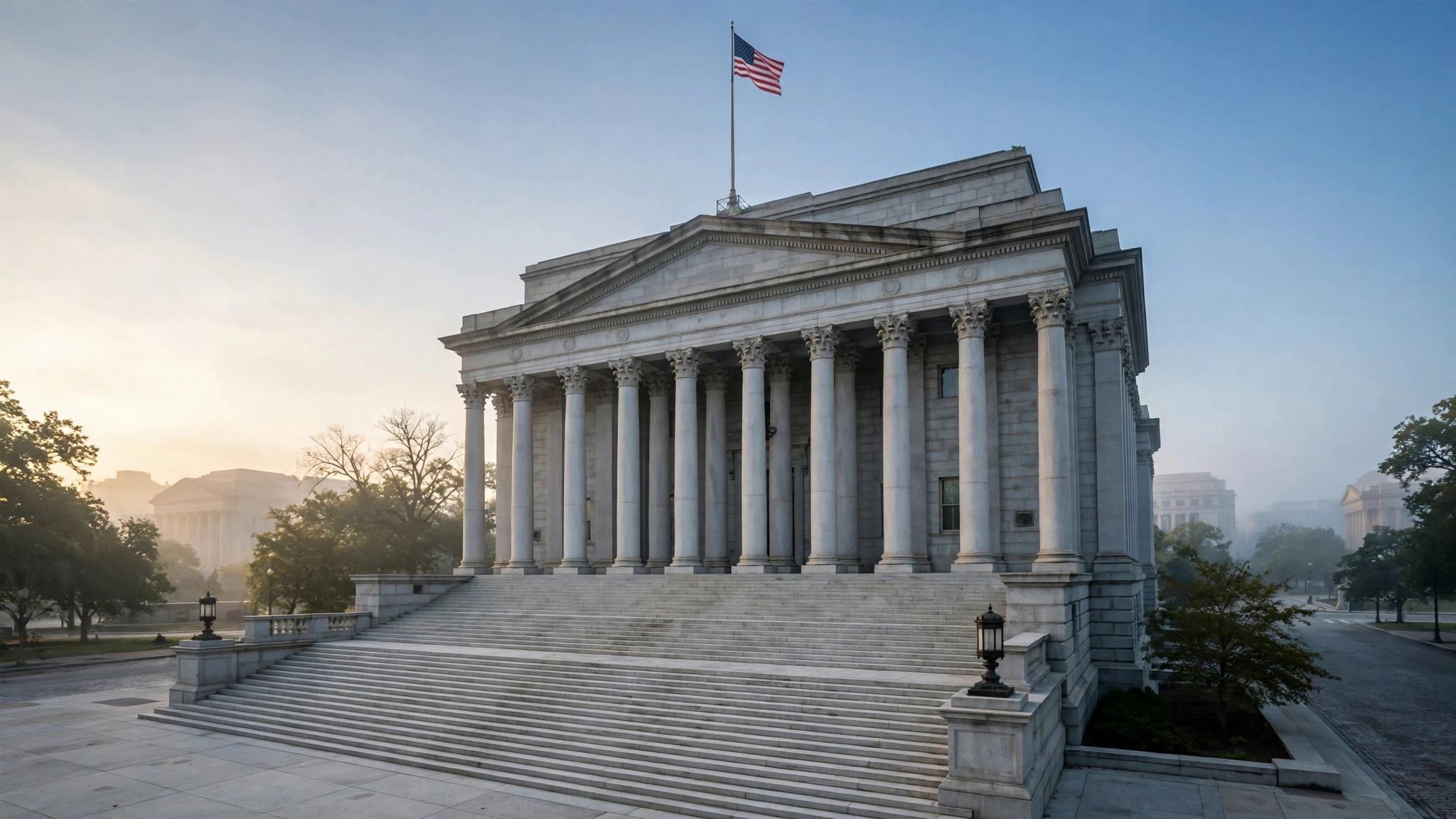A federal courthouse building with tall stone columns and an American flag flying above its steps at dawn.