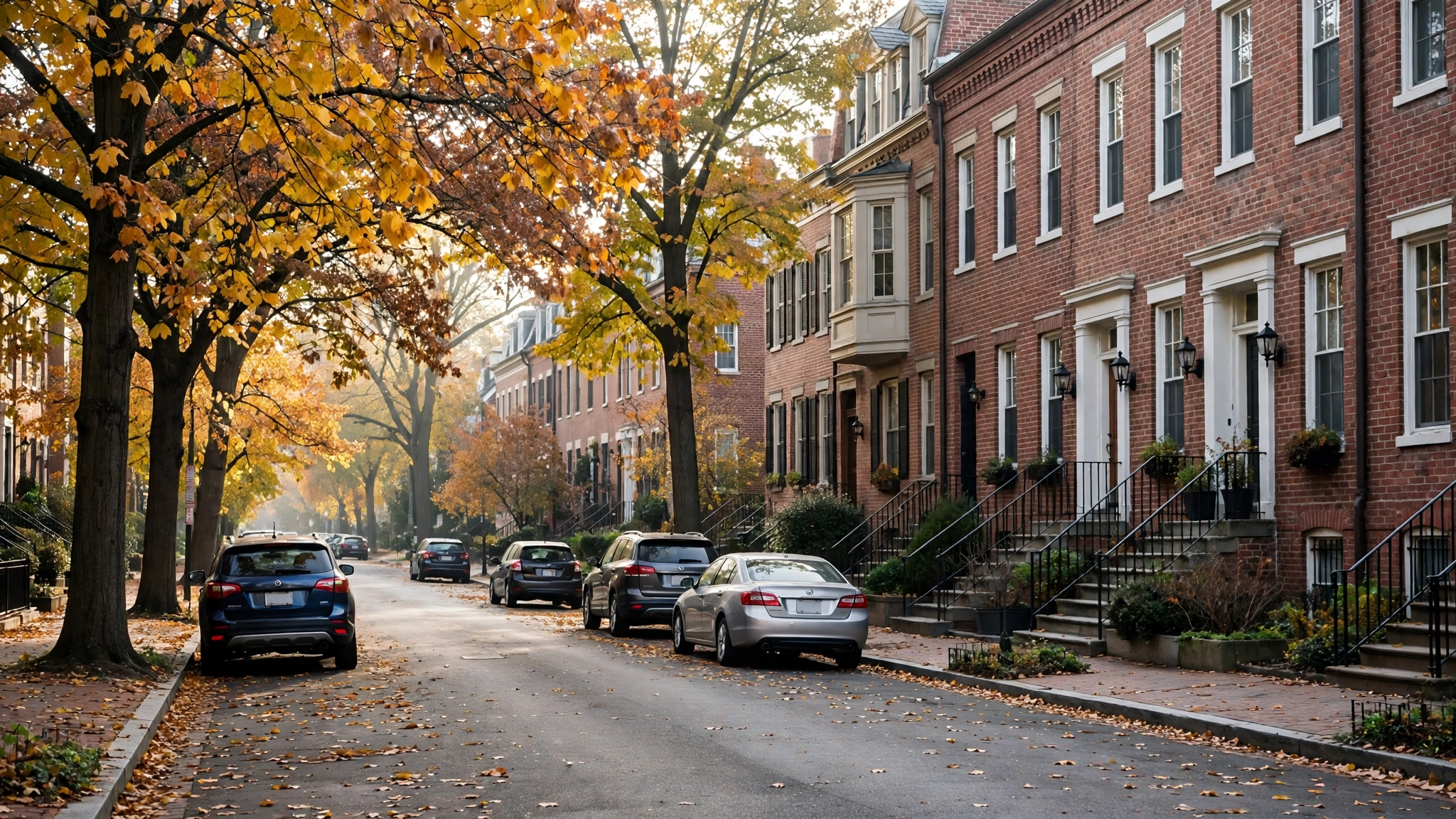 A quiet street of brick townhouses with autumn trees and parked cars in Washington, DC.