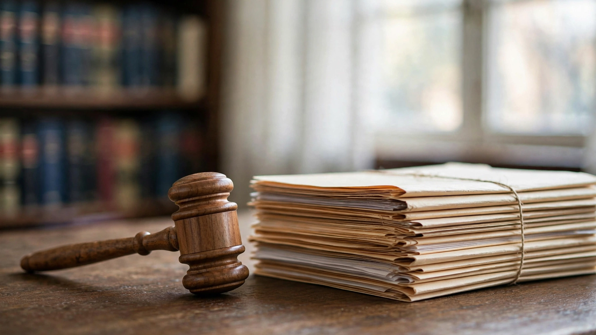 A wooden judge's gavel resting beside a tied stack of legal case files on a courtroom table.