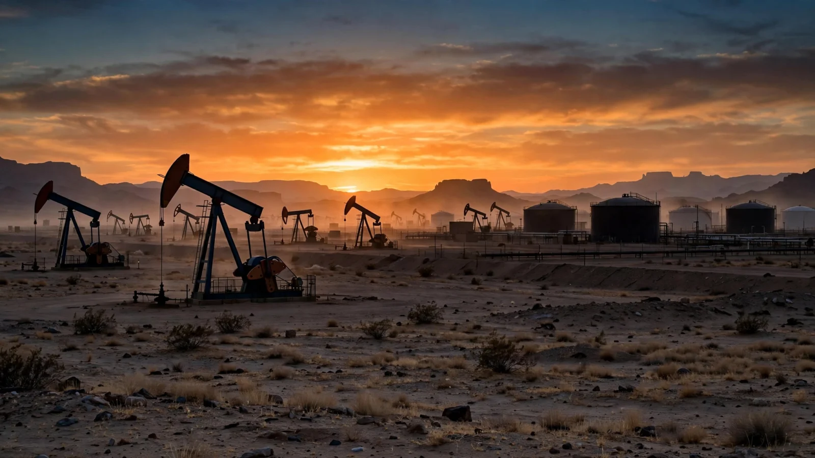Pumpjacks and storage tanks in a desert oil field at sunset