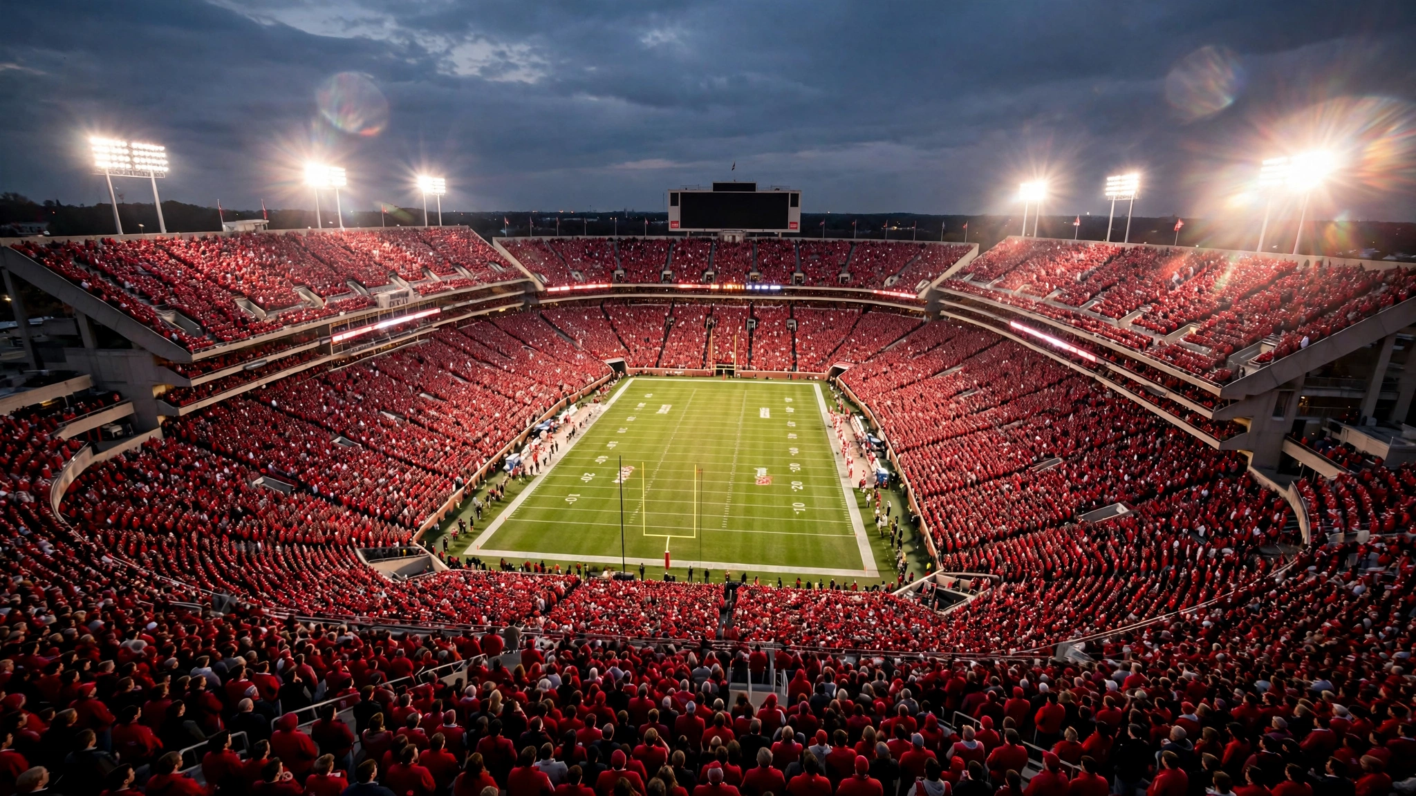 A packed college football stadium at dusk with fans in red filling the stands under bright floodlights