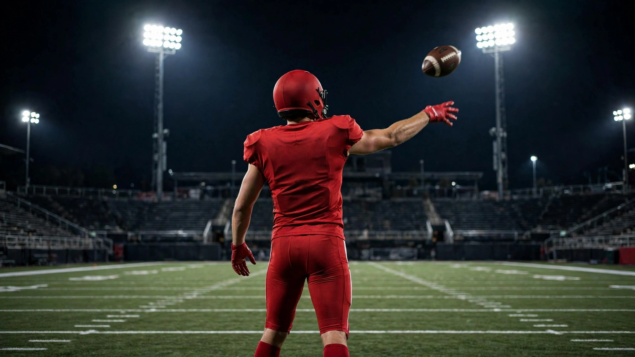 A football player in a red uniform seen from behind throwing a pass under stadium lights at night