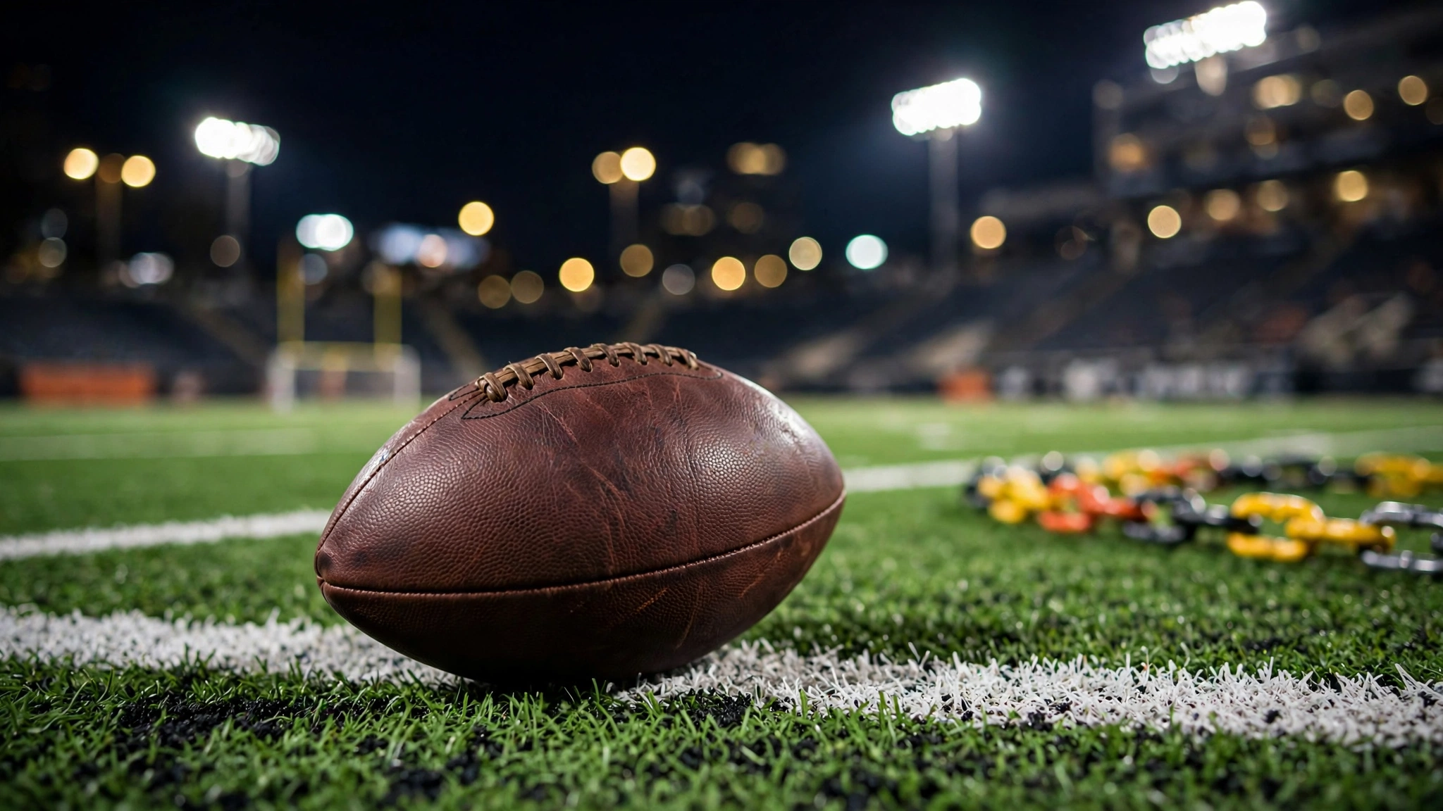 A football resting on the white yard line of green turf at night with blurred stadium lights behind
