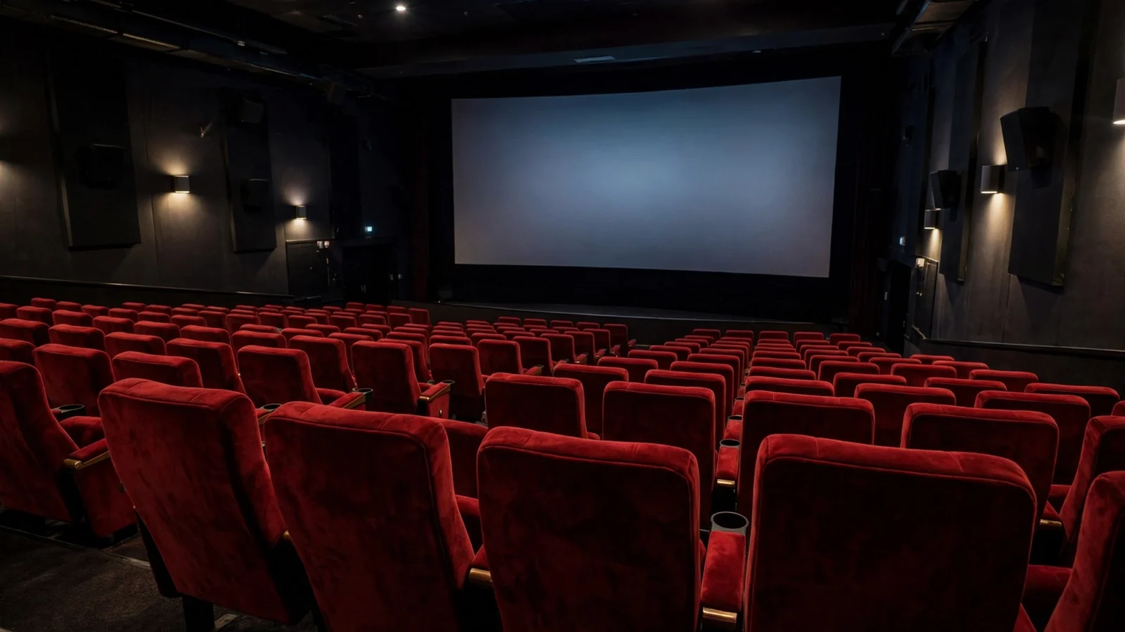 An empty movie theater with rows of red seats facing a dimly glowing screen