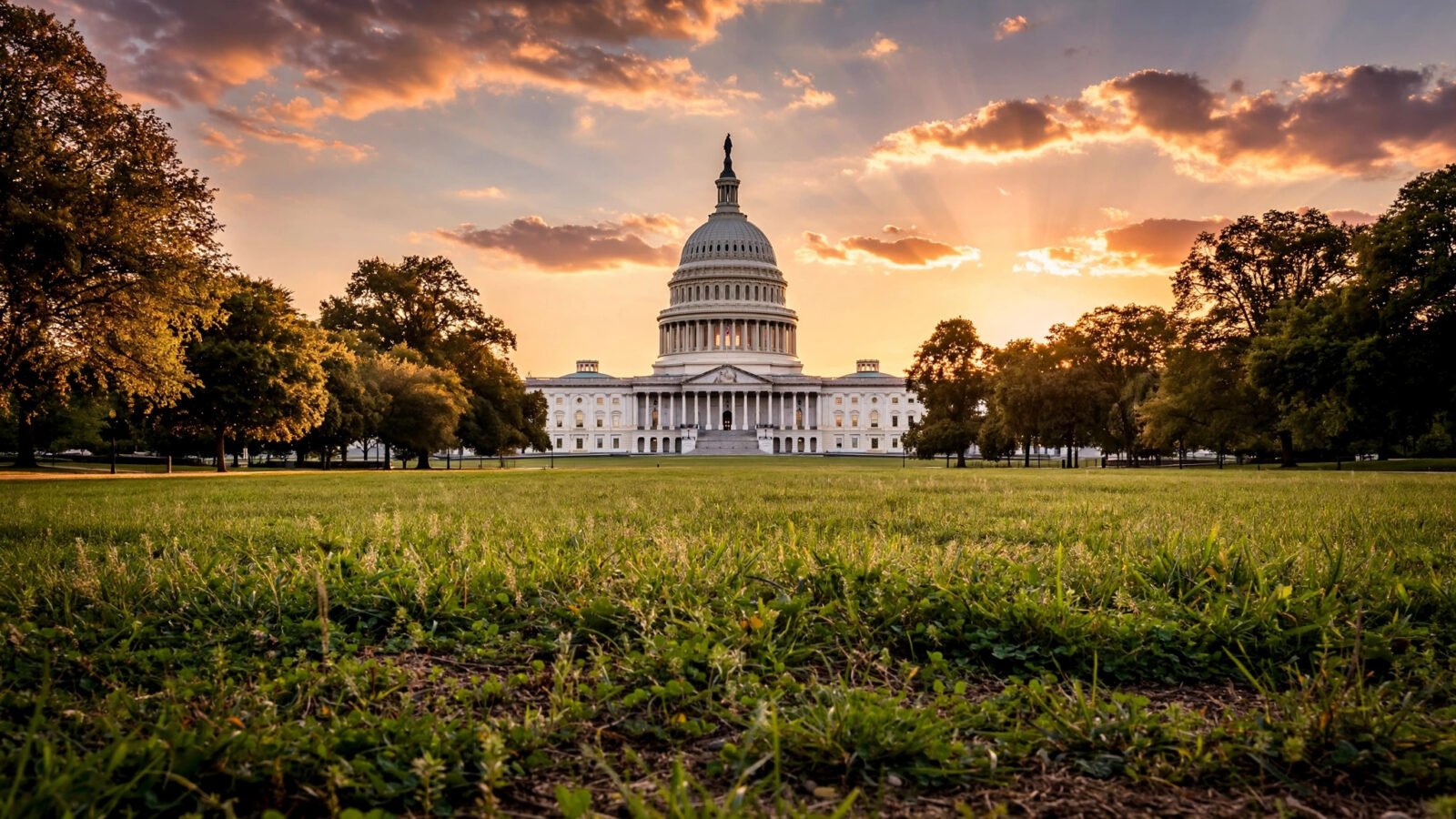 The U.S. Capitol dome at sunset, viewed across the National Mall in Washington, D.C.