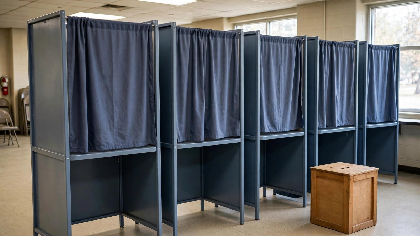 A row of empty curtained voting booths inside an American polling place, with a wooden ballot box.