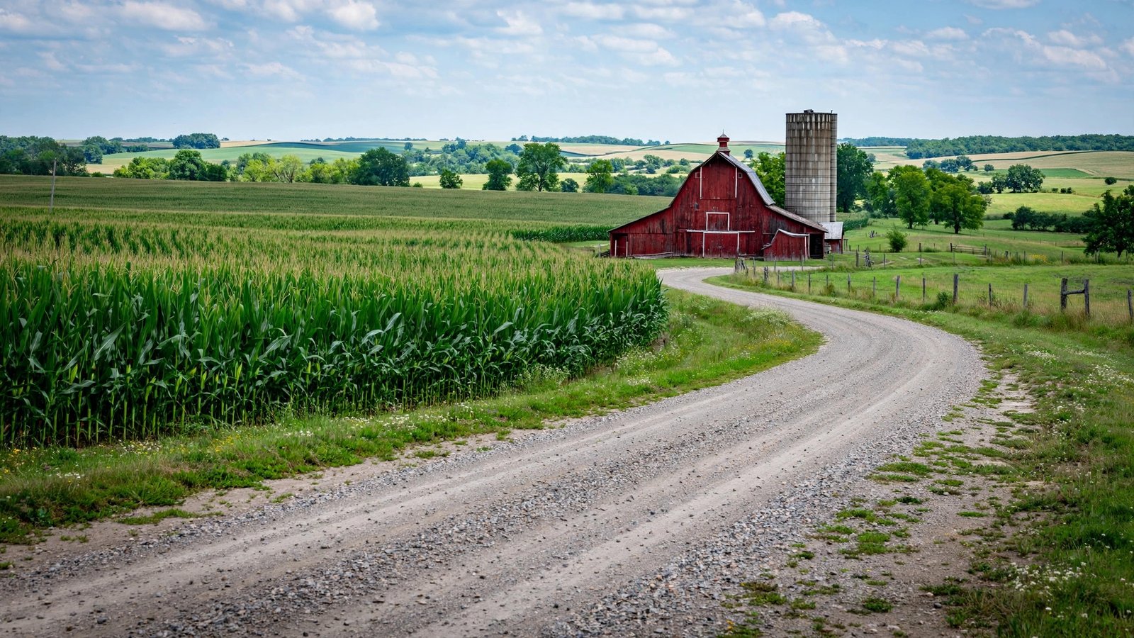 A red barn and silo beside a cornfield and gravel road in the Iowa countryside.