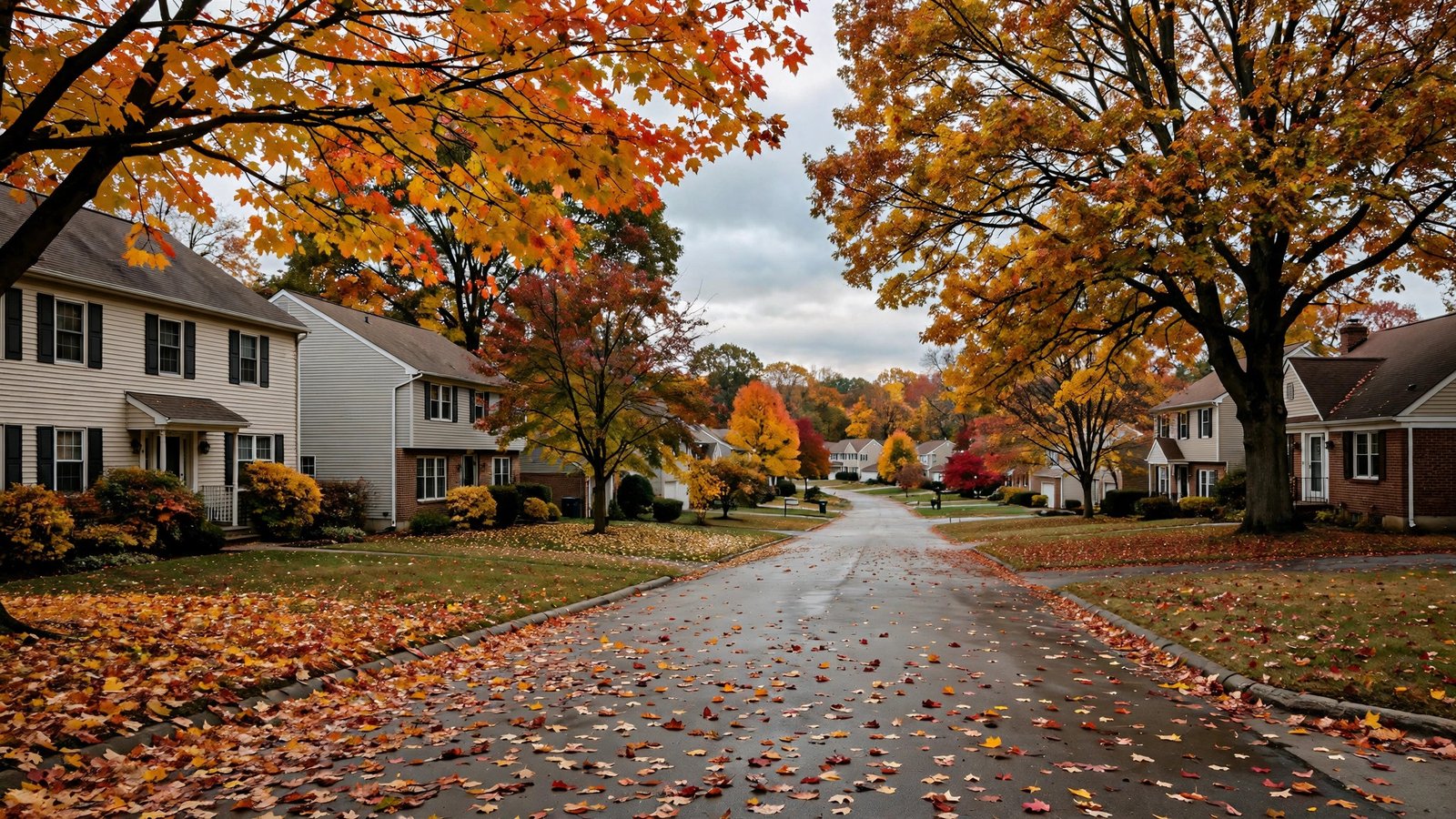 A quiet suburban street in New Jersey lined with homes and autumn-colored trees.