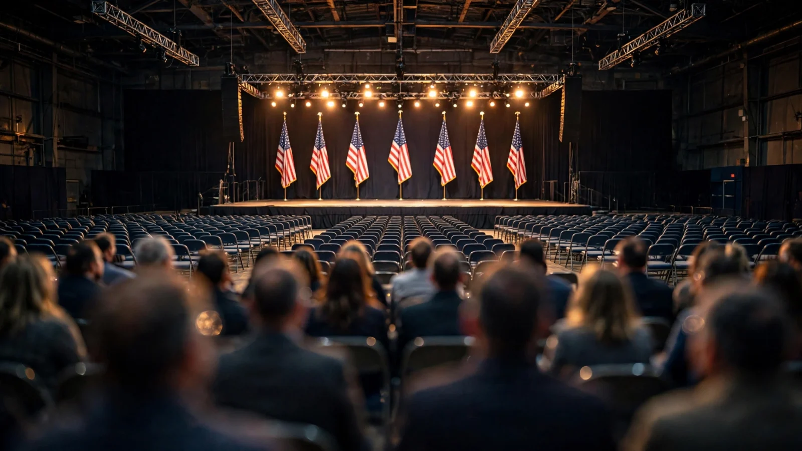 An empty rally stage lined with American flags in a large indoor arena, with rows of chairs and a blurred crowd seen from behind
