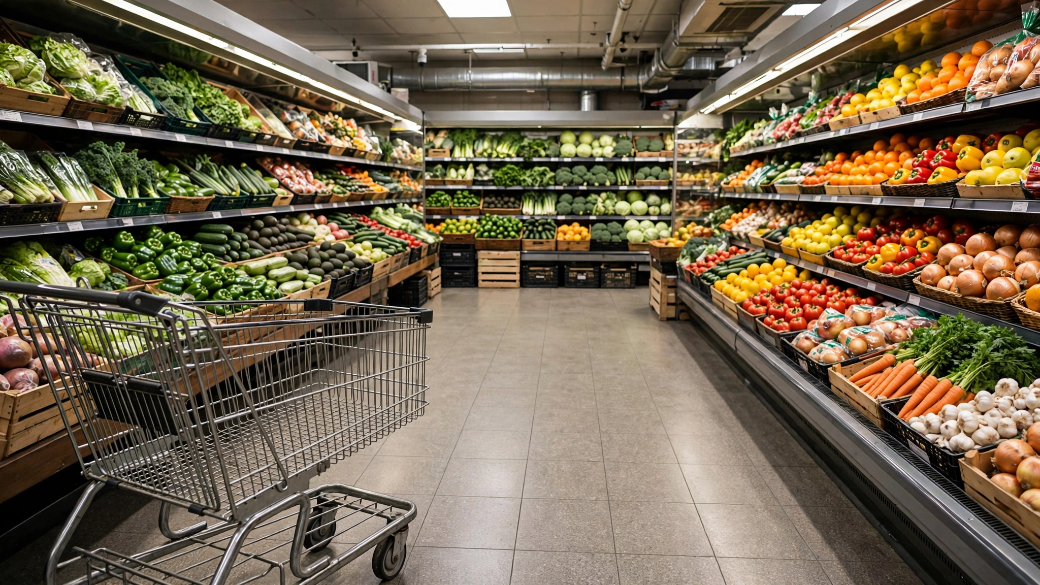 An empty shopping cart in a grocery store produce aisle with stocked shelves