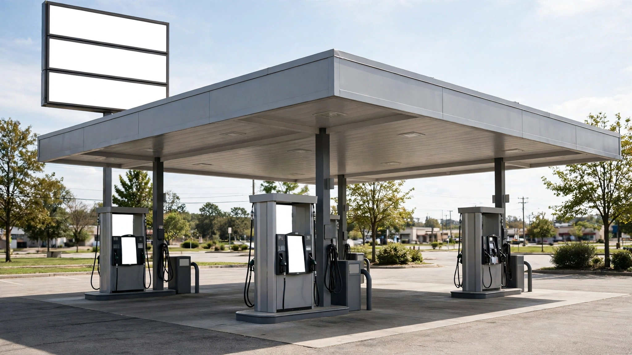 A gas station canopy and fuel pumps with blank price signs