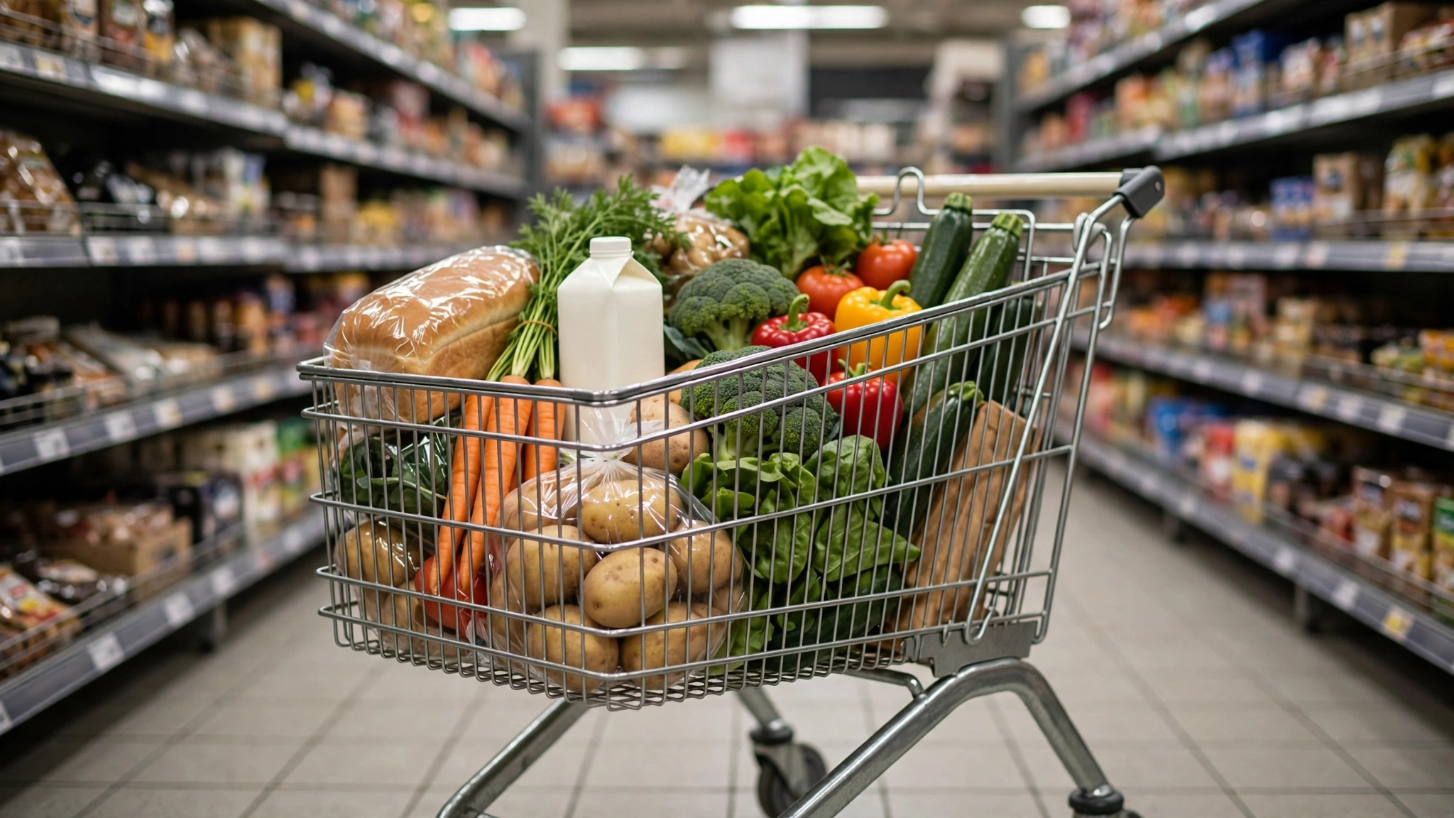 A shopping cart filled with bread, milk, vegetables and potatoes in a supermarket aisle