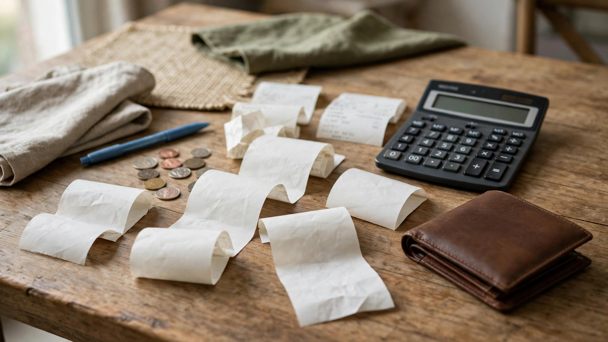 Paper receipts, coins, a calculator and a wallet on a wooden table