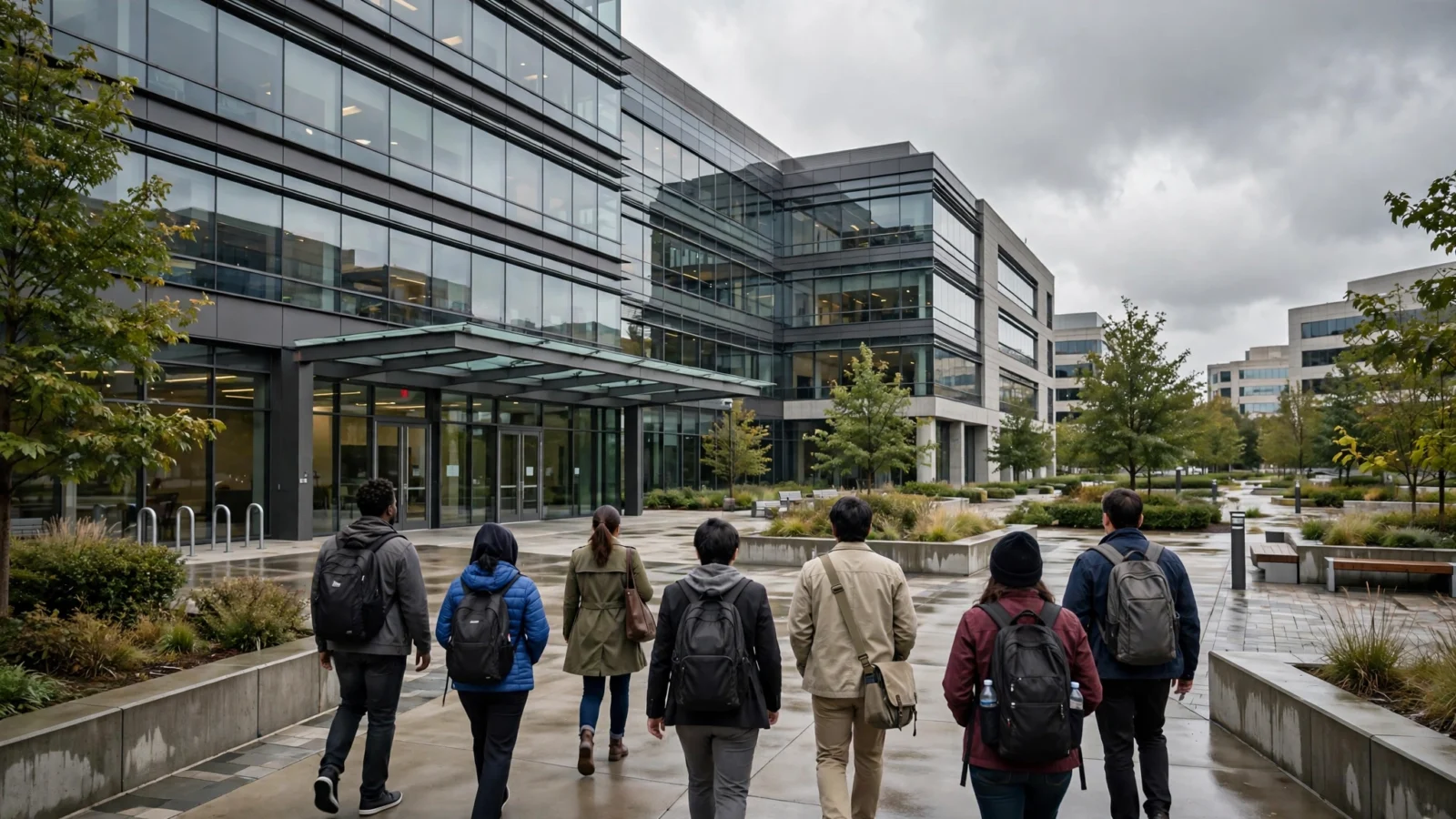Office workers walk toward the entrance of a modern glass office building on an overcast day