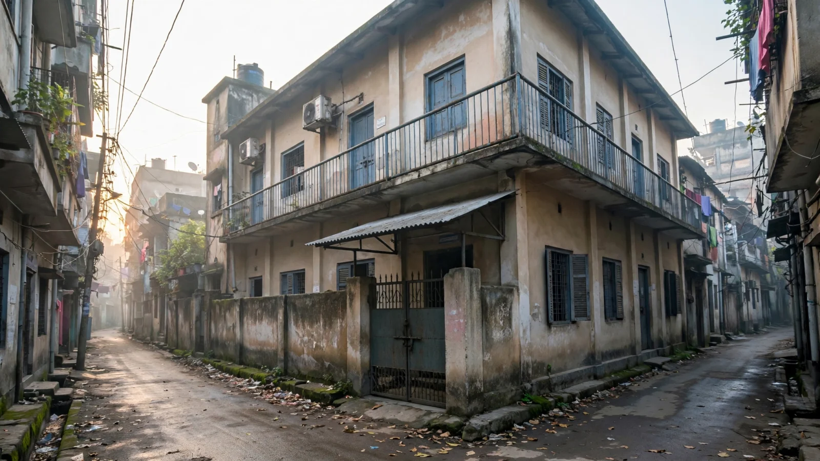 A two-story concrete building with balconies on a narrow street in a South Asian neighborhood in the morning.